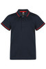 A navy blue polo shirt with red contrast trim and a logo on the chest. It features a classic collar and three buttons.