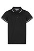 A black polo shirt for kids featuring a collar and short sleeves, with contrasting white trim and a logo.