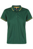 A green polo shirt featuring contrasting yellow trim on the collar and sleeves, with a logo at the neckline.
