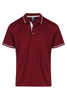 A maroon polo shirt featuring a white collar and sleeve trims, with a logo on the chest.