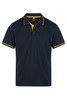 A navy polo shirt with yellow accents on the collar and sleeves, featuring a logo.