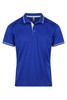 A blue polo shirt with white detailing and a collar, featuring a logo on the upper left.
