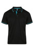 A black polo shirt with teal accents and a collar. It features a logo on the upper side.