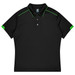 A black polo shirt with green accents and a collar, designed for kids' sports uniforms. It features a logo.