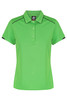 A bright green polo shirt with a collar and a logo, featuring black accents on the sleeves.