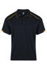 A navy polo shirt with yellow accents on the collar and sleeves, featuring a logo on the chest.