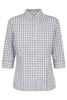 A grey and white checked button-up shirt with 3/4 sleeves. Features a collar and a logo.