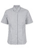 A short-sleeve button-up shirt in a grey and white check pattern, featuring a collar and buttons. Includes a logo.