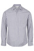A long-sleeve button-up shirt featuring a blue and white check pattern, with a chest pocket and a logo.
