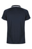 A dark navy polo shirt with a contrasting trim, featuring a simple collar and short sleeves. It has a logo.