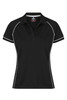 A black polo shirt featuring white piping, designed specifically for women, with a subtle logo on the chest.