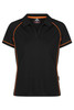 A black polo shirt featuring orange piping and a logo. It has a classic collar and short sleeves.
