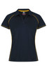 A navy polo shirt with yellow piping and a collar, featuring a logo. Suitable for women's wear.