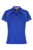 A blue polo shirt designed for women, featuring a classic collar and contrasting piping details. It has a logo on the label.