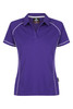 A purple women's polo shirt with contrasting white piping and a collar. The shirt features a logo on the front.