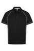 A black polo shirt with white piping, featuring a collar and button placket. Includes a logo.