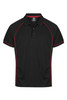 A black polo shirt with red piping and a logo on the chest. Designed for men, featuring a classic collar.
