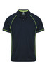 A navy polo shirt with contrasting neon yellow piping and a logo. Suitable for casual wear or sports.