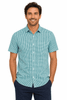 A short sleeve button-up shirt in a turquoise check pattern, featuring a logo and a relaxed fit.