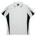 A white polo shirt with black side panels and a collar, featuring a logo on the neck.