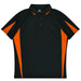 A black polo shirt with orange accents and a collar, featuring a logo on the left side.