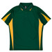 A green polo shirt with yellow side panels and a logo on the chest area.