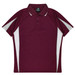 A maroon polo shirt with white accents and a logo. Short sleeves and a classic collar design.