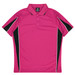 A pink polo shirt with black accents and a logo. Designed for kids, featuring a classic collar and button placket.