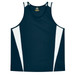 A dark navy singlet featuring white side panels and a branding logo at the neckline.