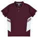 A maroon polo shirt featuring white side panels and a collar, with a small logo on the front.