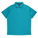 A turquoise polo shirt with a collared neck and a branded logo. Features raglan sleeves for comfort.