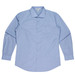 A long-sleeve button-up shirt in light blue with a chest pocket and a logo tag.