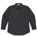 A long sleeve button-up shirt in dark grey with a subtle striped pattern and a front pocket. Features branding.