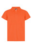 An orange polo shirt featuring a collar and short sleeves, with a logo on the front.