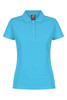 A blue polo shirt for women with a classic collar and three-button placket. Features a logo on the label.