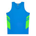 A blue singlet featuring bright green accents and branding. Ideal for active wear or casual outings.