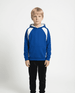 A blue hoodie with white accents, featuring a kangaroo pocket, worn by a child standing against a plain background.