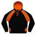 A black and orange hoodie featuring a kangaroo pocket and a hood, with a logo on the front.