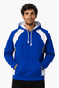 A blue hoodie with white accents and a front pocket, featuring a drawstring hood and a logo.