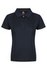 A navy polo shirt with a classic collar and three buttons, featuring a logo on the upper section.