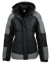 A black and grey jacket with a hood and a zip front, featuring a logo on the chest.
