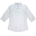 A white 3/4 sleeve button-up shirt with a classic collar and a logo on the label.