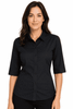 A black button-up shirt with 3/4 sleeves, featuring a collar and a logo on the chest.