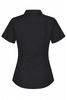 A short-sleeved black button-up shirt with a fitted design and back details. Features a logo.