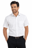 A short sleeve white button-up shirt with a chest pocket, modelled by a smiling man. The shirt features a logo.