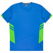 A blue T-shirt with green accents and a logo, designed for kids. Suitable for casual wear or active play.