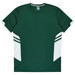 A green t-shirt with white side accents and a logo on the chest. Ideal for kids.