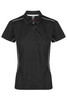 A black polo shirt with a collared neck and white detailing, featuring buttons and a logo.