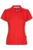 A red polo shirt with a collar, short sleeves, and white trim, featuring a logo on the upper area.