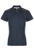 A dark teal women's polo shirt featuring a collar, short sleeves, and contrasting side stripes.